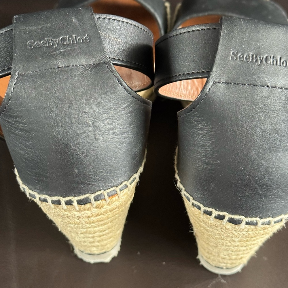 See By Chloe Black Leather Espadrille Wedge Sandal with Gold Buckle - Picture 5 of 8
